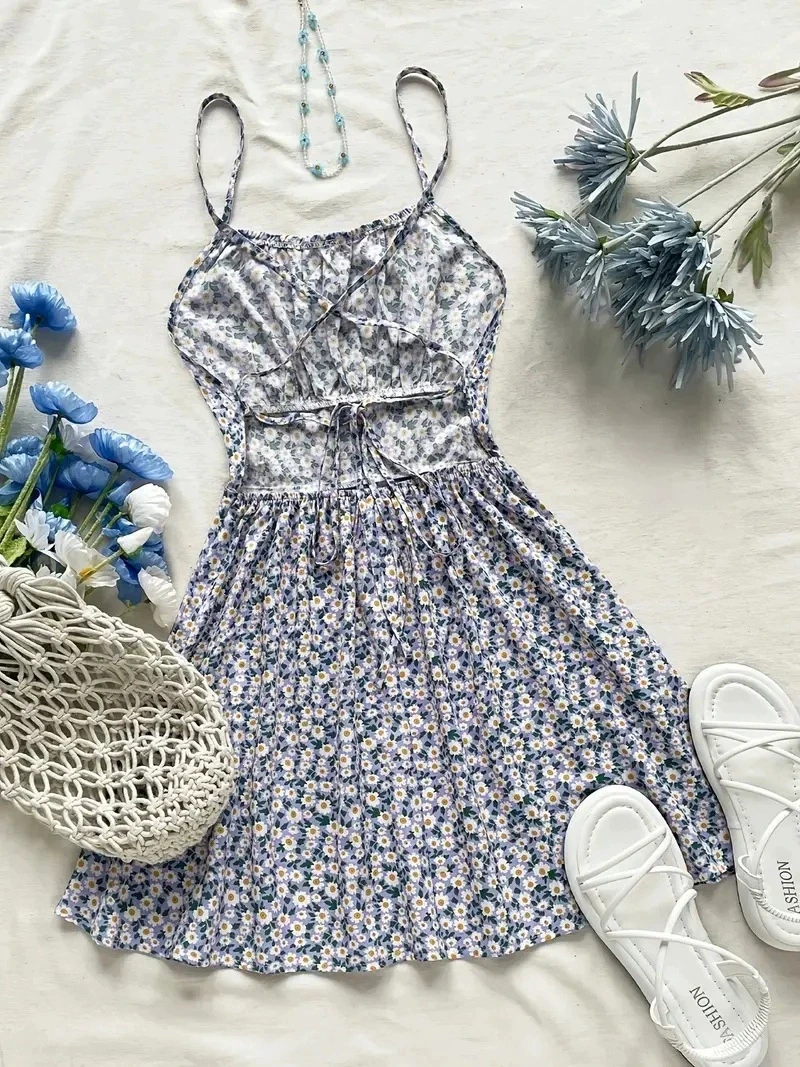 Sweet Casual Style V-Neck Floral Print Halter Dress Women's Summer Elegant Mini Dress