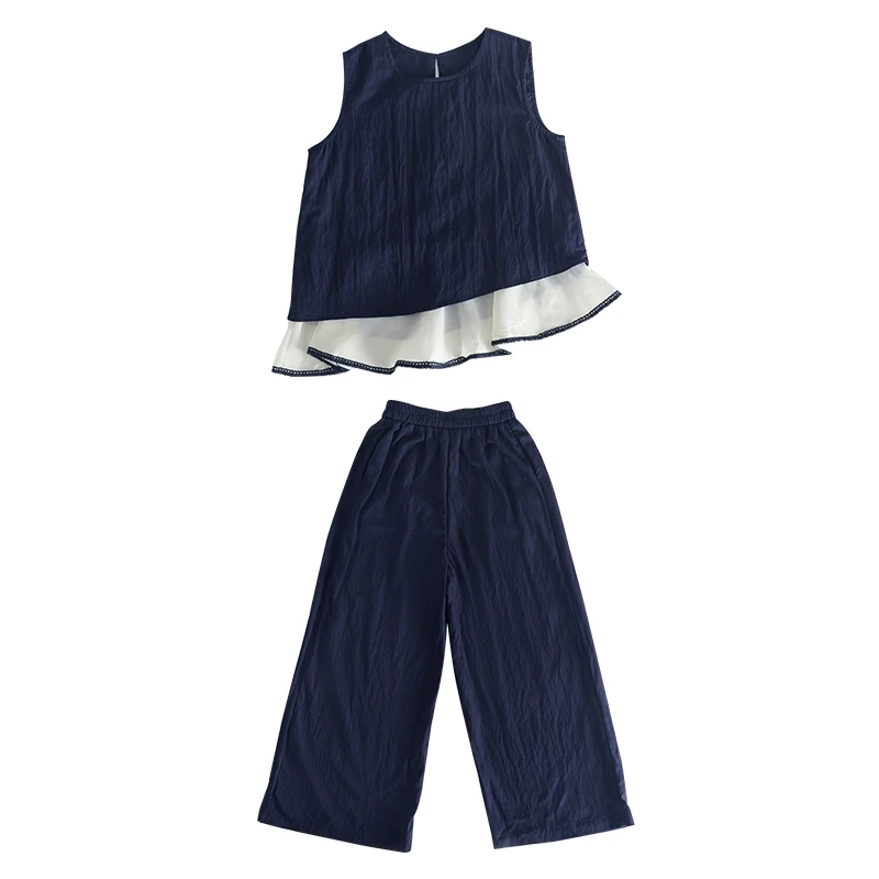 Children Girls 2PCS Elegant Summer Outfit Set Korean Style Cool Thin Layered Ruffle Sleeveless Blouse + Wide Leg Pants Versatile
