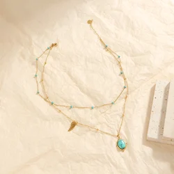 Wing shape and turquoise pendant Bohemian style golden women's fashion jewelry gift, daily party wear multi-layer necklace