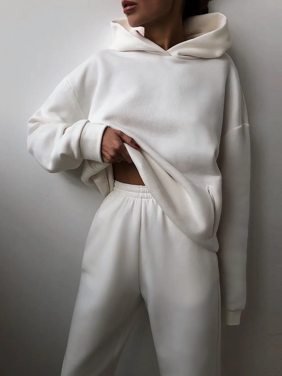 2026 Trend Lässige Mode Verdickter Langarm-Pullover und Hose Zweiteiliges Set mit Kappe für Damen – Detail 13