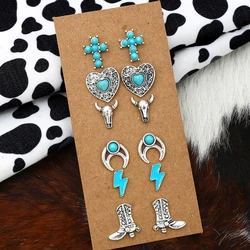 6Pair/Set New retro Cowboy Cowgirl Western hip hop Love Bull Head Lightning Martens Boots Cross Moon Creative Stud earrings