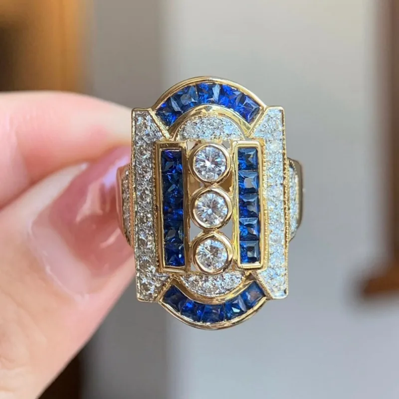 

Attractive Inlaid with Blue White Stone Gold Color Round Square Rings Fashion Party Rings for Women Jewelry