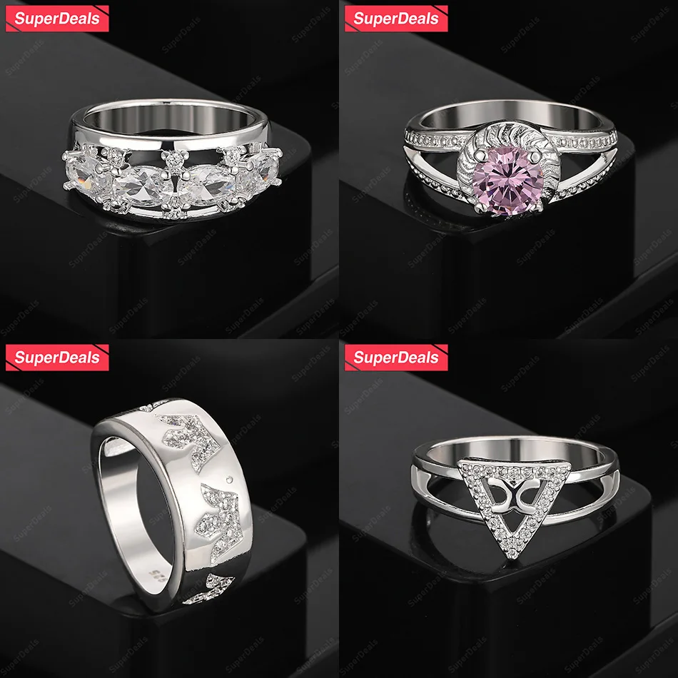 

SuperDeals 925 Sterling Silver Crown Triangle Oval Inlaid AAA Zircon Round Ring Women's Engagement Party Classic Jewelry