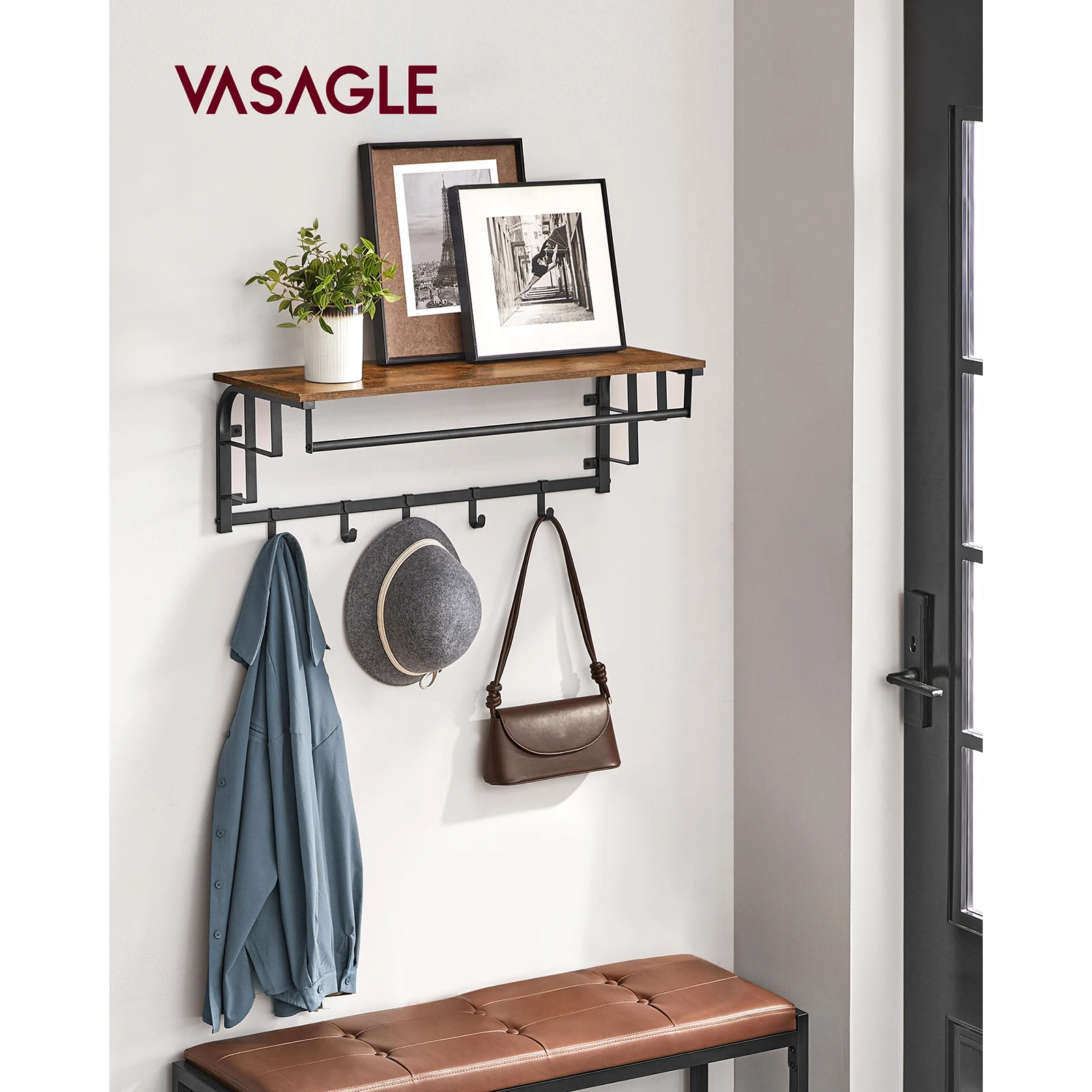 VASAGLE Perchero de pared: 5 ganchos, estante flotante con riel para colgar. Marrón rústico/Negro. Ideal para pasillo, dormitorio
