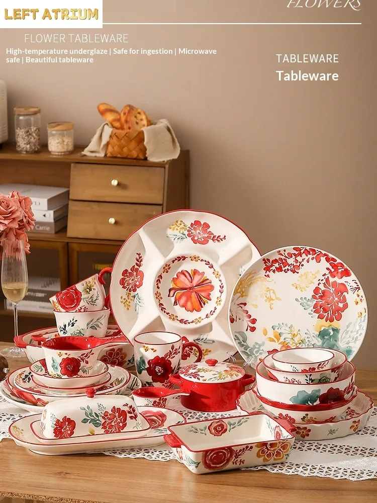 Underglaze Floral Pattern Rectangular Ceramic Baking Dish - Oven-Safe for Lasagna Chicken Wings Baked Rice Kitchenware