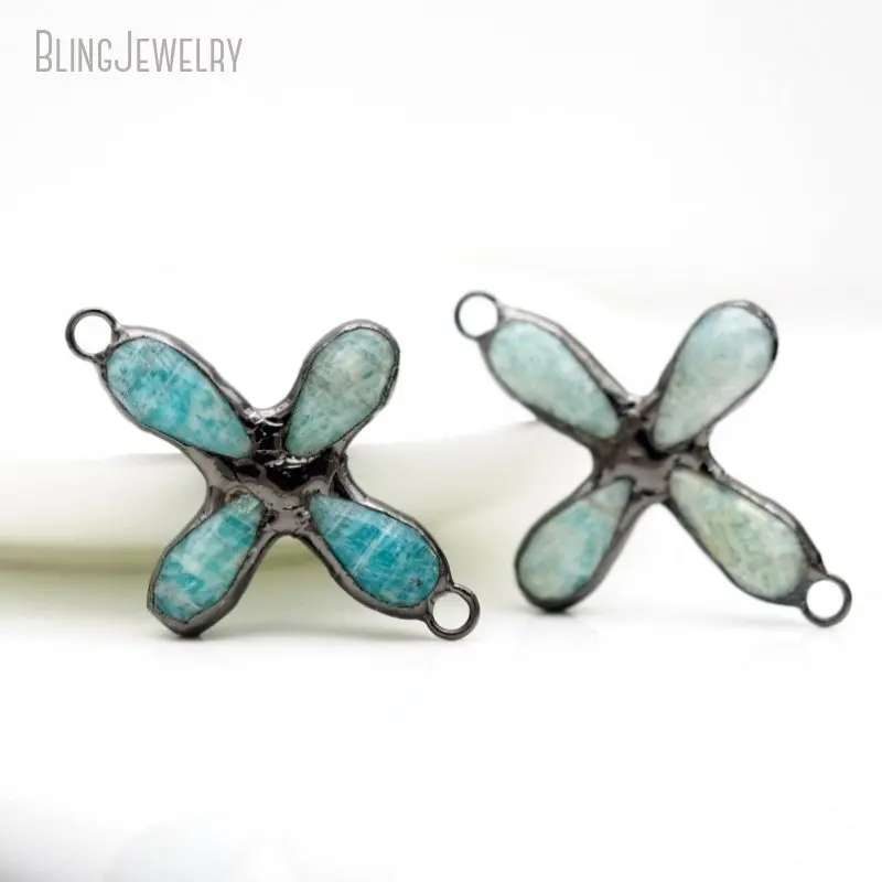 10pcs Amazonite Cross Pendant Aqua Teardrop Briolette Connector Soldered Handmade Lead Free Jewelry Charm