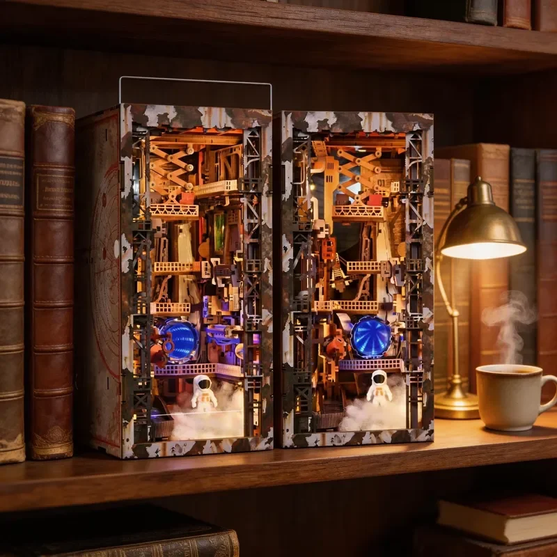 3D Wooden Book Nook DIY Puzzle Kit LED String Dust Cover Gift Custom Wholesale OEM Factory Cut Wooden Decor