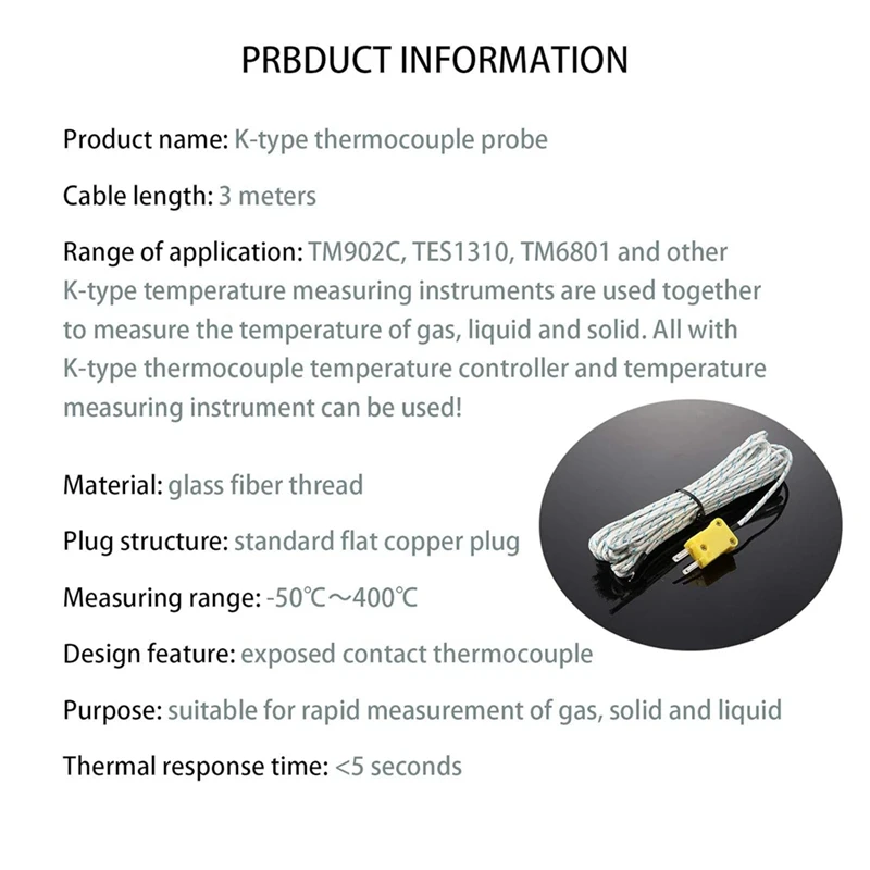 5 Pieces 3 Meters K Type Thermocouple Temperature Probe Sensor K Type Measure Range -50 To 400 Celsius, With TM902C