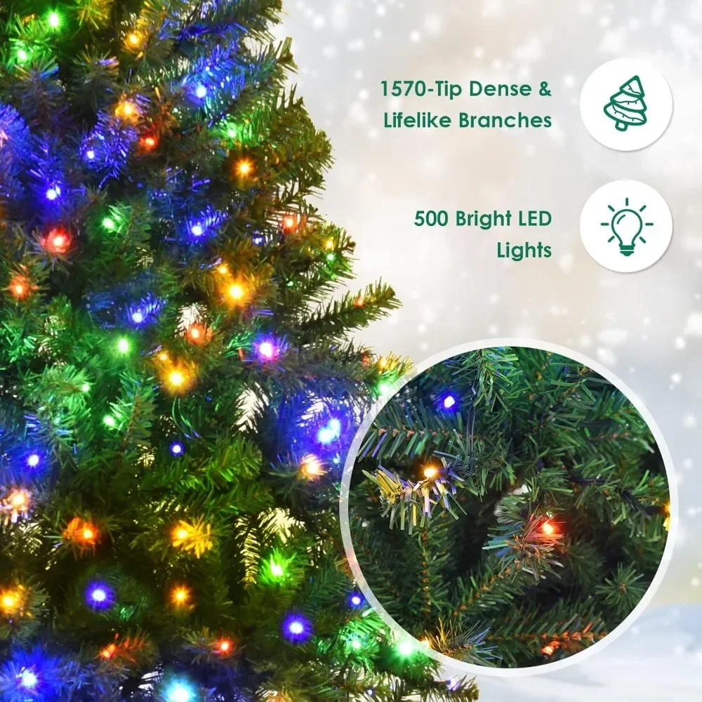 Christmas Tree, 1570 PVC Branch, 500 Dual-Colored LED Lights, 11 Lighting Modes & Foldable Base, Artificial Christmas Trees