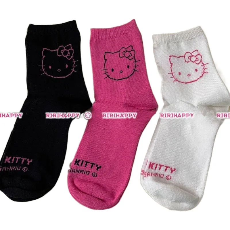 Chaussettes mignonnes Anime Rick Hello Kitty pour couple, chaussettes KT Kawaii, accessoires roses chat noir et blanc, cadeau femme, Y2K