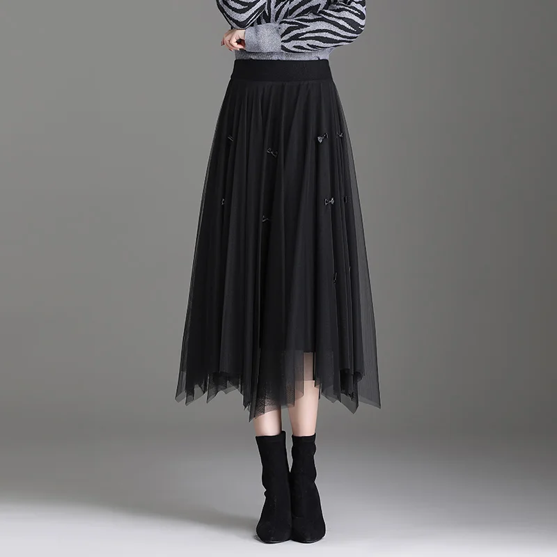 

Women's Autumn Winter Black Coffee Asymmetrical Pleated Elastic Waist Skirt Fashion High Waist Ladies S-3XL Size Mid-calf Skirt