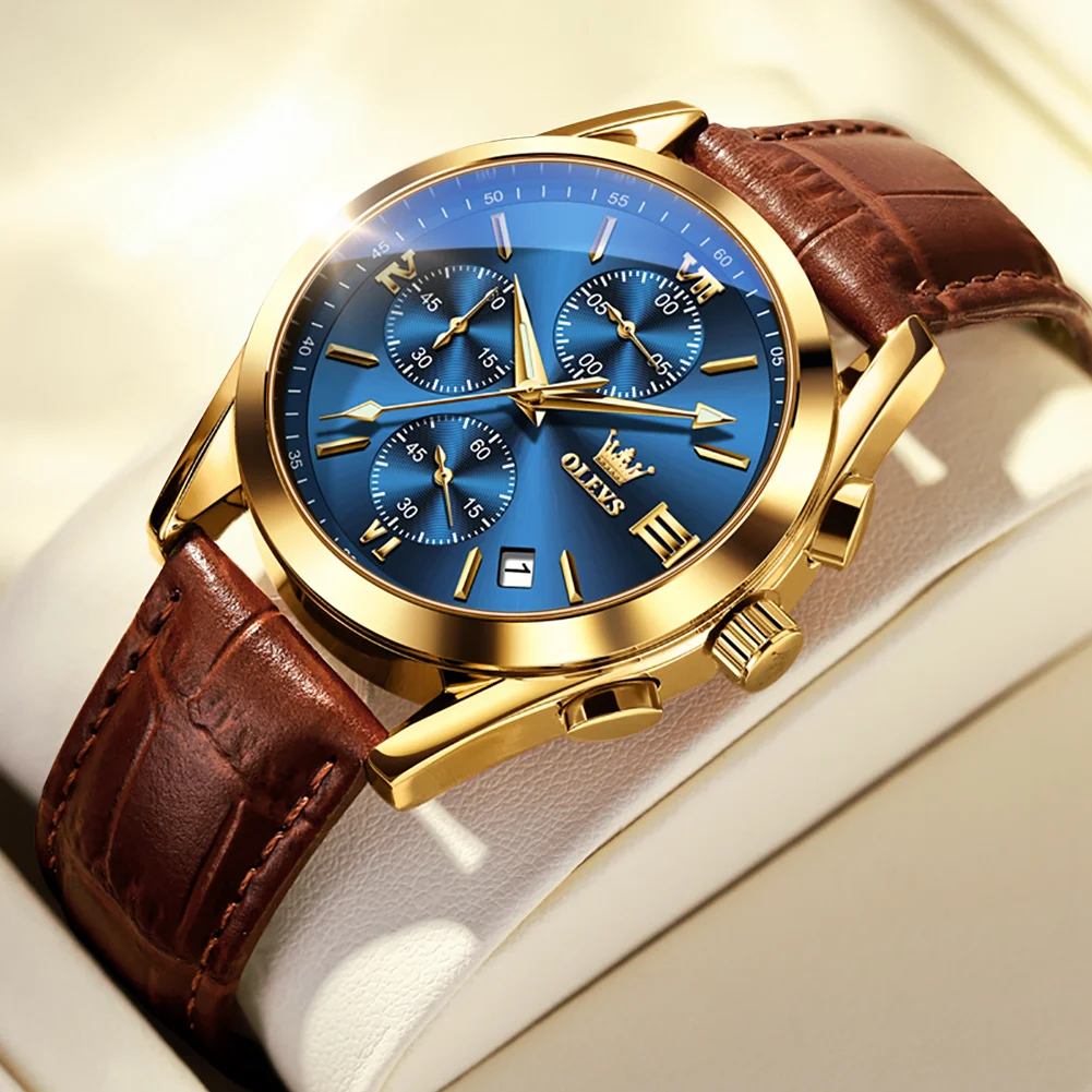 OLEVS-reloj deportivo para hombre, cronógrafo de cuarzo, marca de lujo superior, dorado, azul, resistente al agua, regalo de cuero