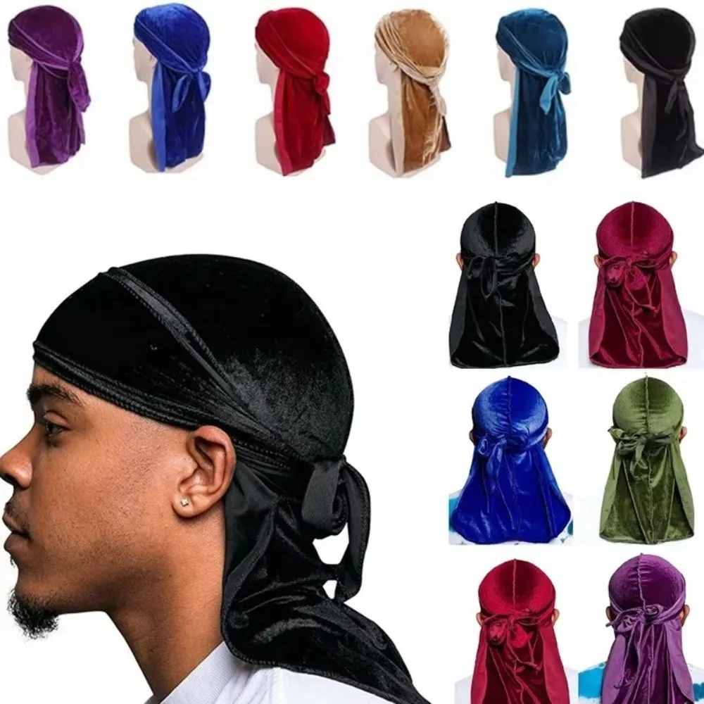 

New Velvet Durags Caps Long Tail Elastic Pirate Hat Adjustable Breathable Bandana Beanie Unisex