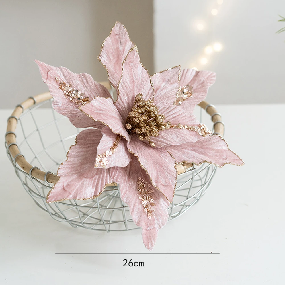 2025 26cm Glitter Artificial Christmas Flowers Xmas Tree Ornaments Merry Christmas Decorations For Home New Year Decors DIY