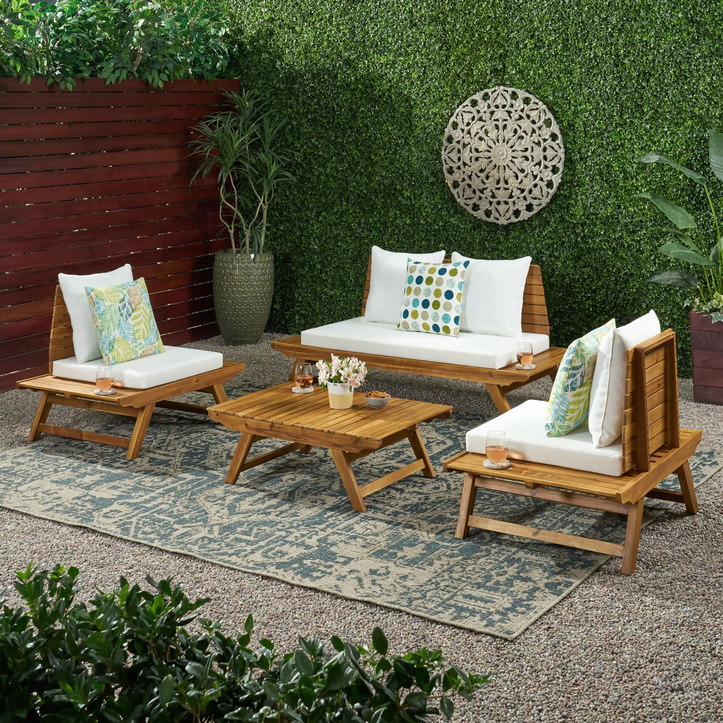 

！@Dwoo 4 Piece Outdoor Sofa Set Single Seat Double Seat Side Table Patio Sectional Garden Seating Set