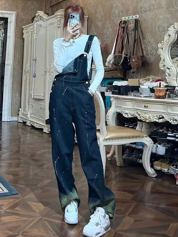 

plus Size Denim Overalls Women's Spring Autumn New Sle Slimming One-Piece Pants Ink Splaing Design Ele Age-Defng