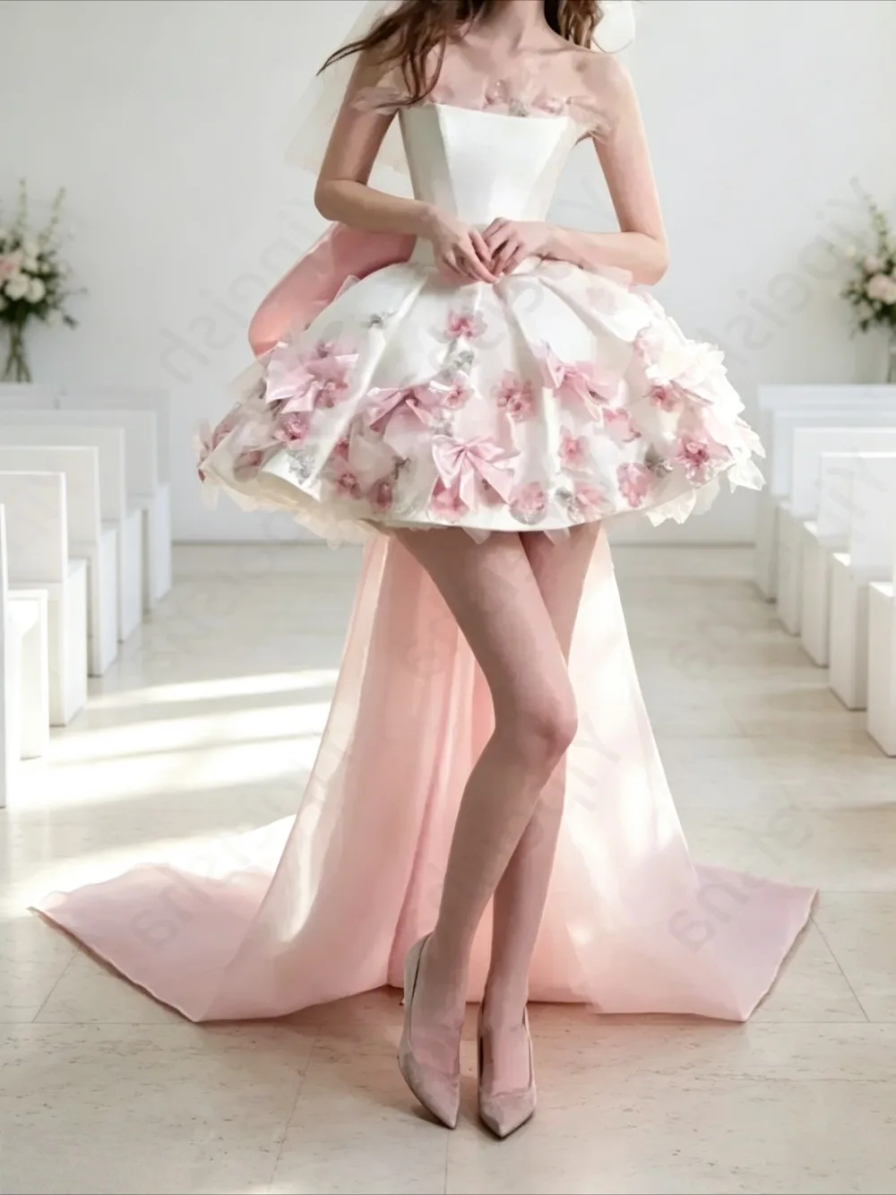 Customized 2026 Pink High-Low Wedding Dress Big Bow 3D Flower Mini Ball Gown Strapless Short Bridal Dress With Train