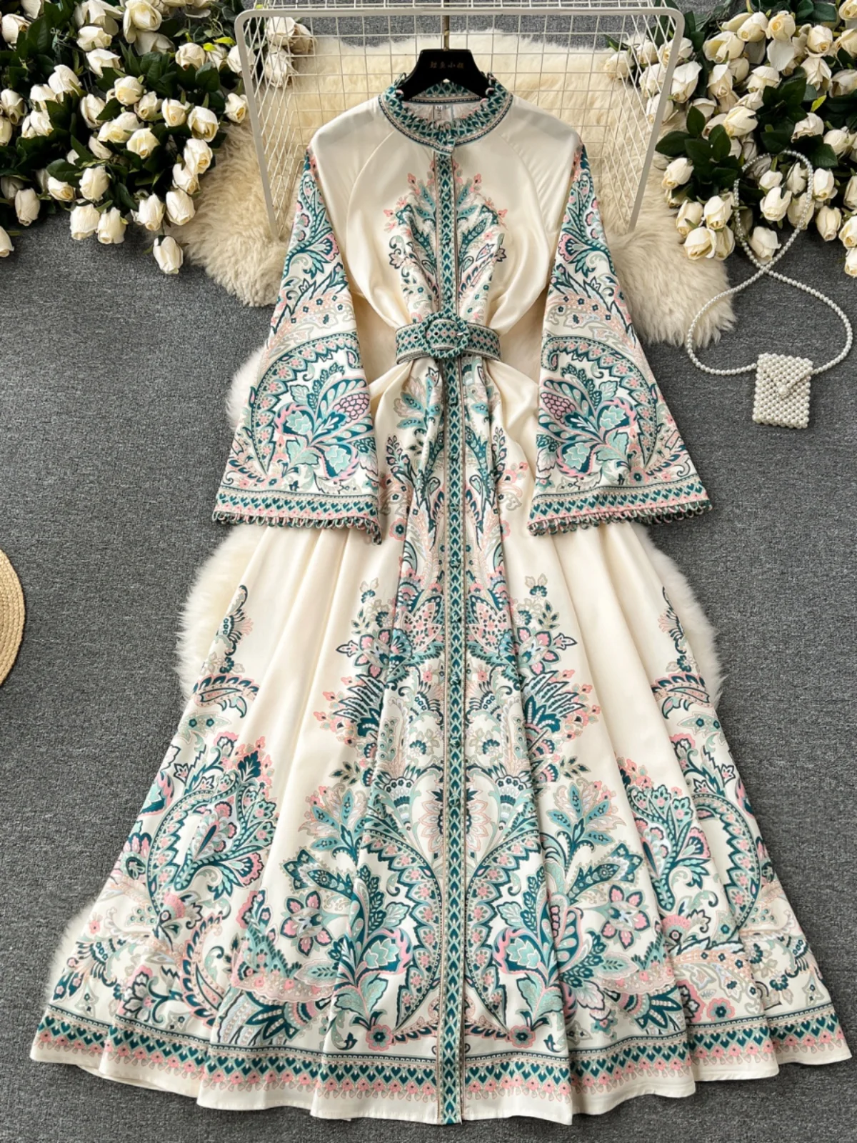 Retro Gericht Sle Floral Print Dr frauen Hohe Taille Lose Bell Sve Kleid Koreanische Version A-Line Midi Dr Frühling neue