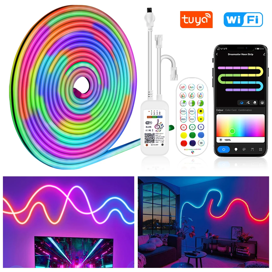 

Dreamcolor LED Neon Strip Lights DC 12V RGBIC Tuya Smart Neon Lamp Dimmable Remote Control RGB Tape Strips for Home Decoration