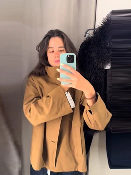 Short Double-Sided Trench Coat Woman Plaid Single Breasted Lapel Long Sleeves Loose Coats Street Casual Women's New Chic Jackets 5