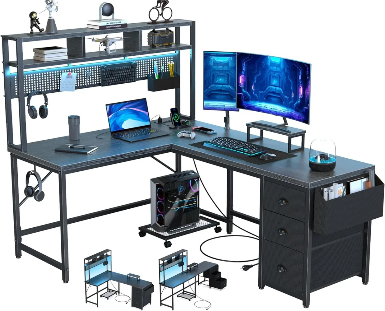 Gaming Desk with Power Outlet & LED & Monitor Stand & Mobile CPU Stand, Corner Deck for Home Office Black