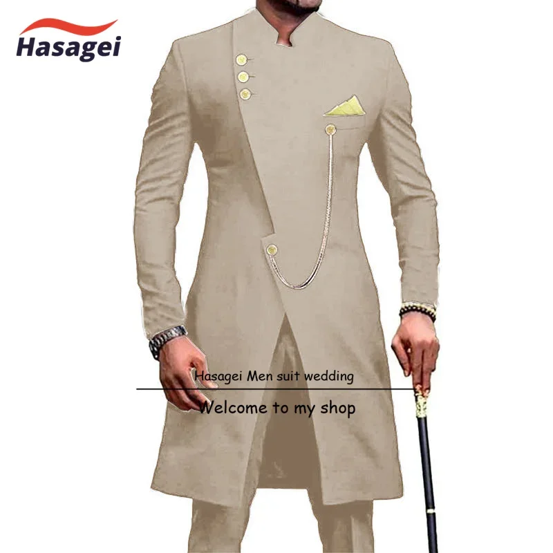 Traje de estilo indio para hombre, traje de 2 piezas, Chaqueta larga, esmoquin de novio de boda, chaqueta de un solo pecho, pantalones, ropa de