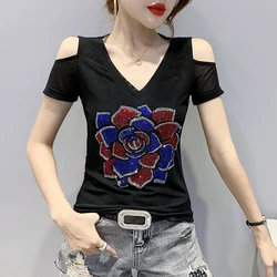 MadBlack Summer European Clothes V Necks T-Shirt Women Sexy Luxury Hot Drill Slim Mesh Tops Short Sleeve Bottoming Tees  T34602X