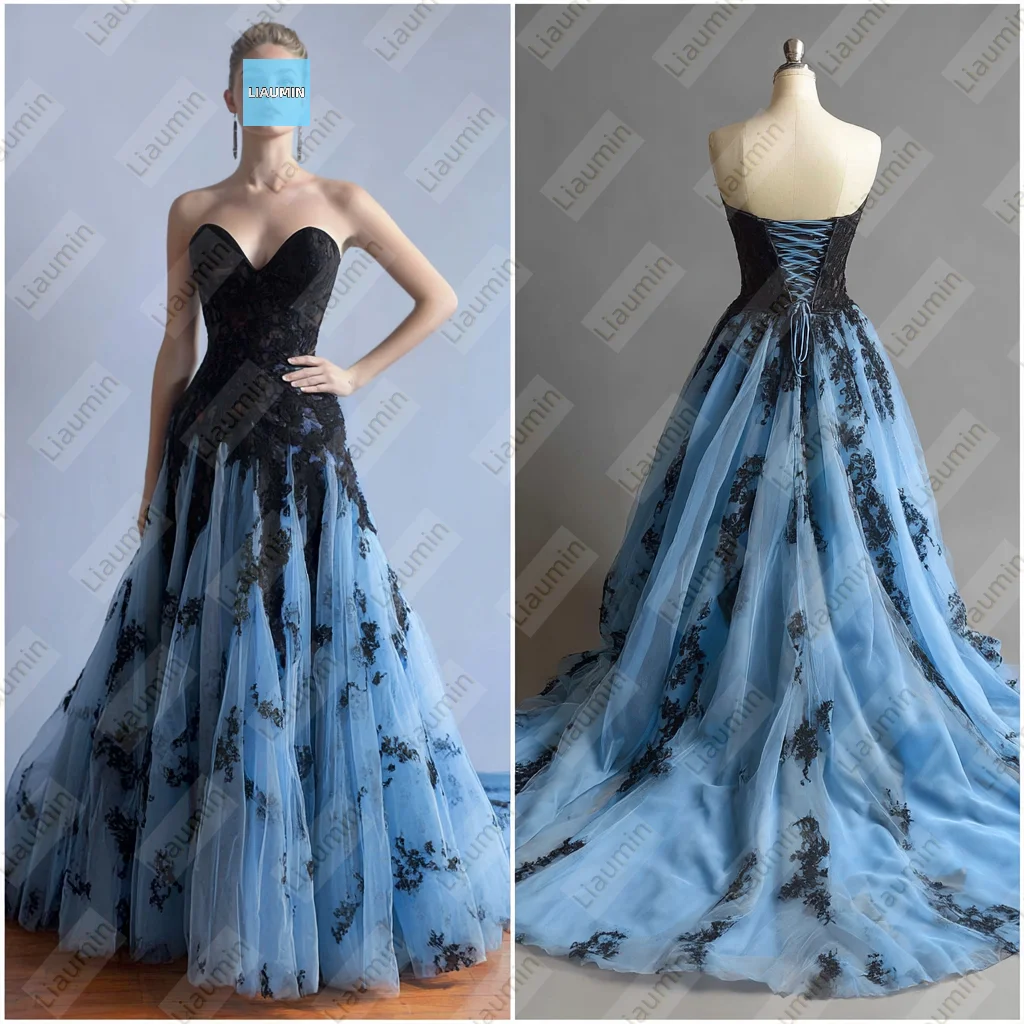 

Modern Style Blue Tulle Black Lace Applique A Line Strapless Prom Formal Wedding Dresses Evening Lace Up Back Customized A7-1.7