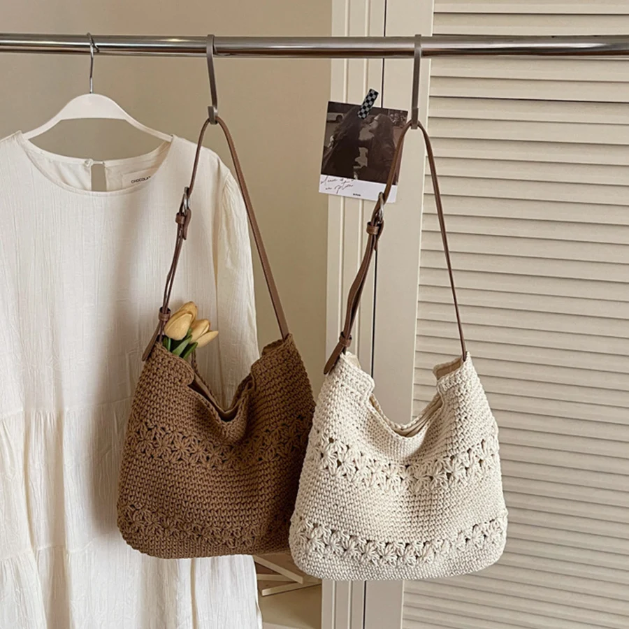 

Summer cotton mesh woven handbag women hollow out Large capacity for daily commuting for beach bali vacation shoulder crossbody
