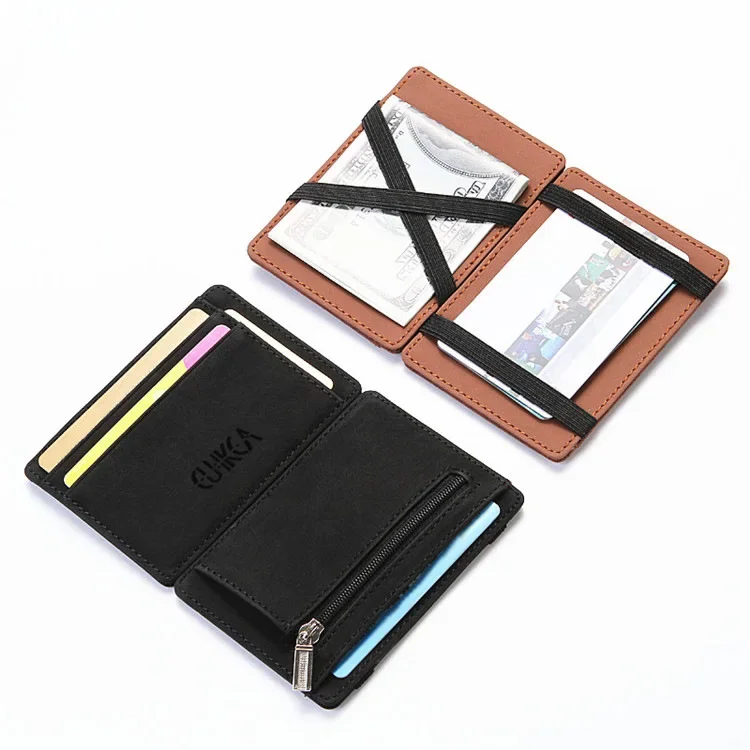 Men Ultra Thin PU Leather Mini Small Magic Wallet with Zipper Coin Pocket Purse Women Pouch Plastic Credit Bank Card Case Holder