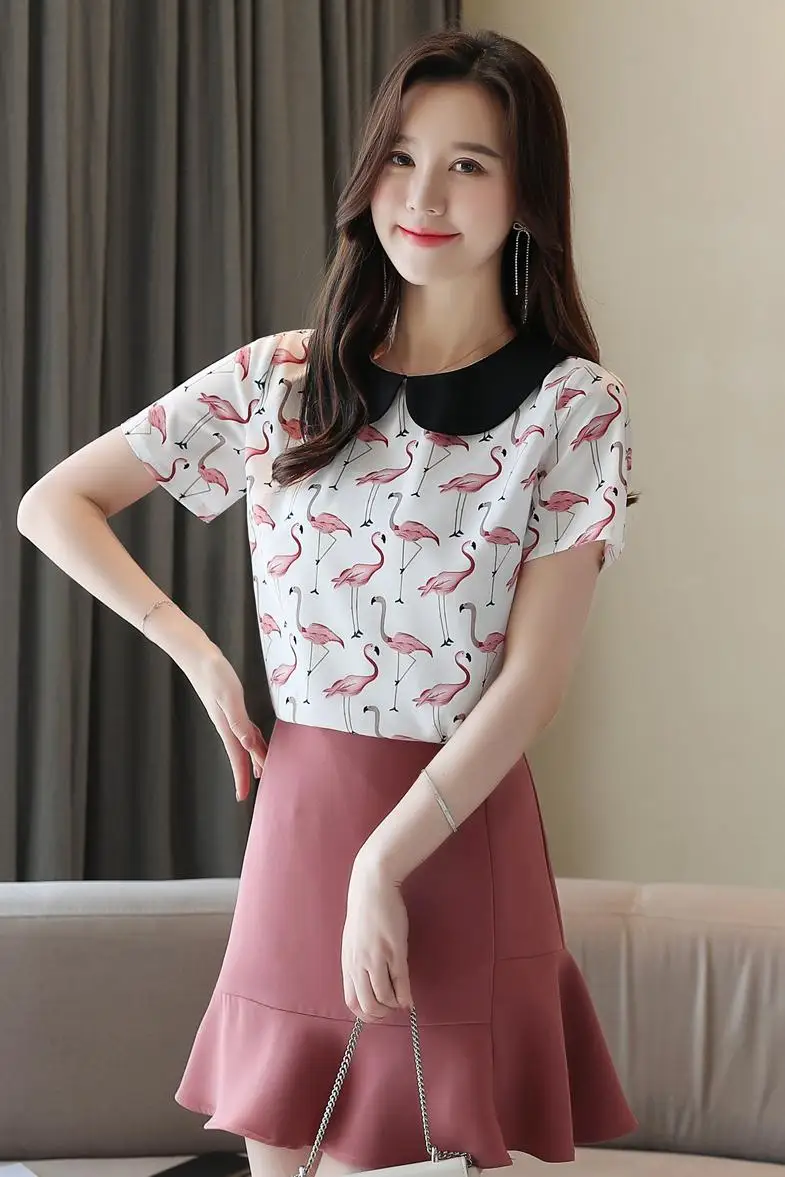 2024 Summer New Women Blouse Top Flamingo Printed Chiffon Short Sleeve Shirt