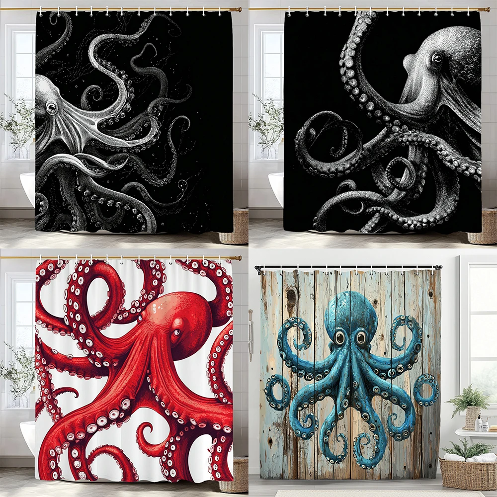 

Gothic Octopus Shower Curtain, Funny Black and White Ocean Animal Bathroom Decor Curtain,Waterproof Polyester Shower Curtain