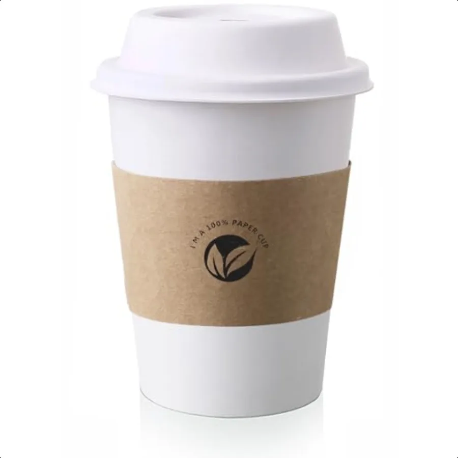 

[50 pack] 12 oz Compostable Coffee Cups with Lids and Kraft Sleeves Eco Friendly White Paper Cups Combo for Hot Beverage