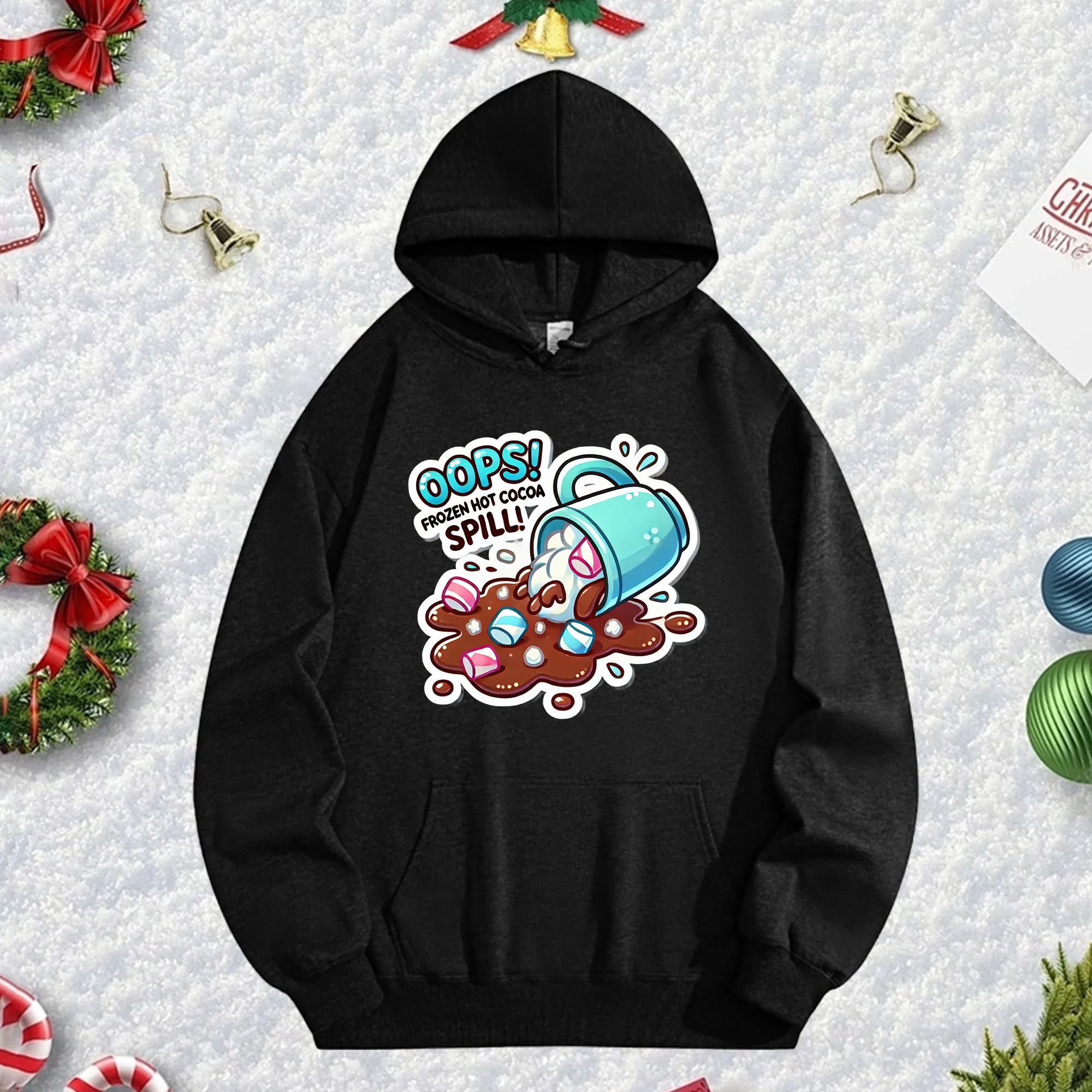 Oops Frozen Hot Cocoa 270G هوديي أسود للرجال والنساء، بلوفر صوف كبير الحجم مريح لخريف/شتاء عيد الميلاد ورأس السنة الجديدة