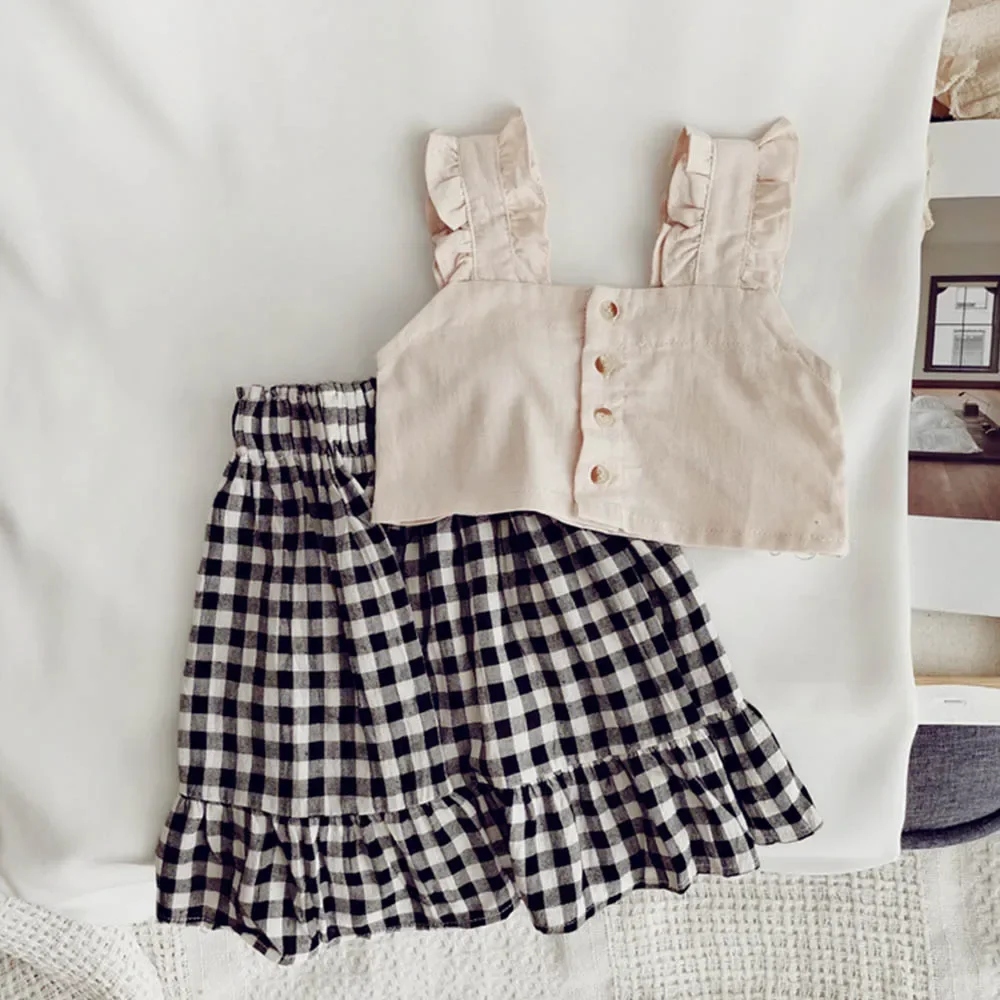 Bear Leader 2024 summer new girls clothing set halter vest + plaid skirt two-piece set kids clothes  girl clothes