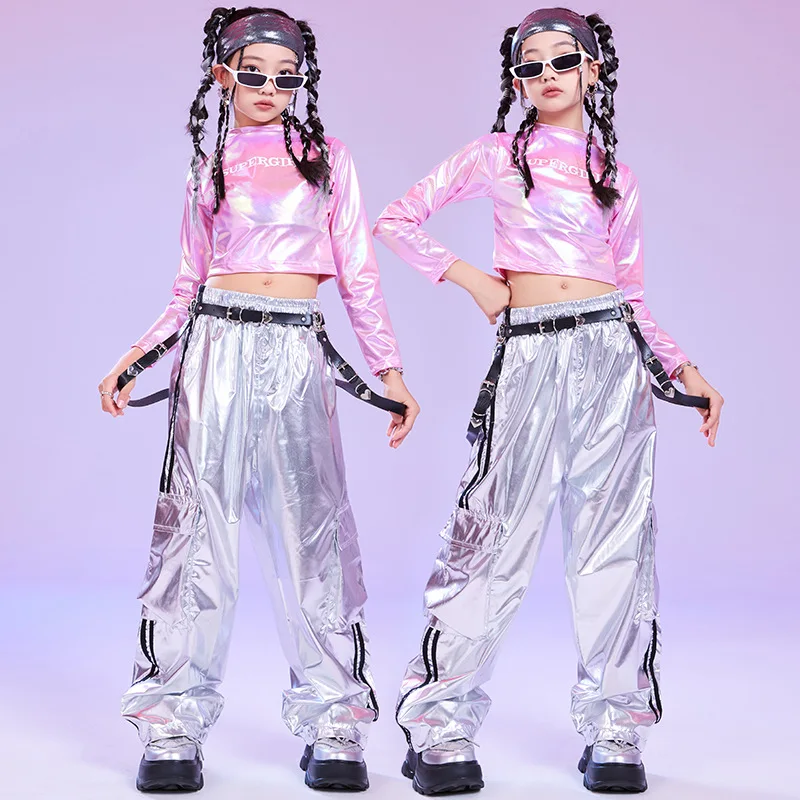 Girls Jazz Dance Costume Pink Laser Crop Tops White Pants Sets Kids Hip Hop Dance Clothing Teenagers Performance Stage Outfits