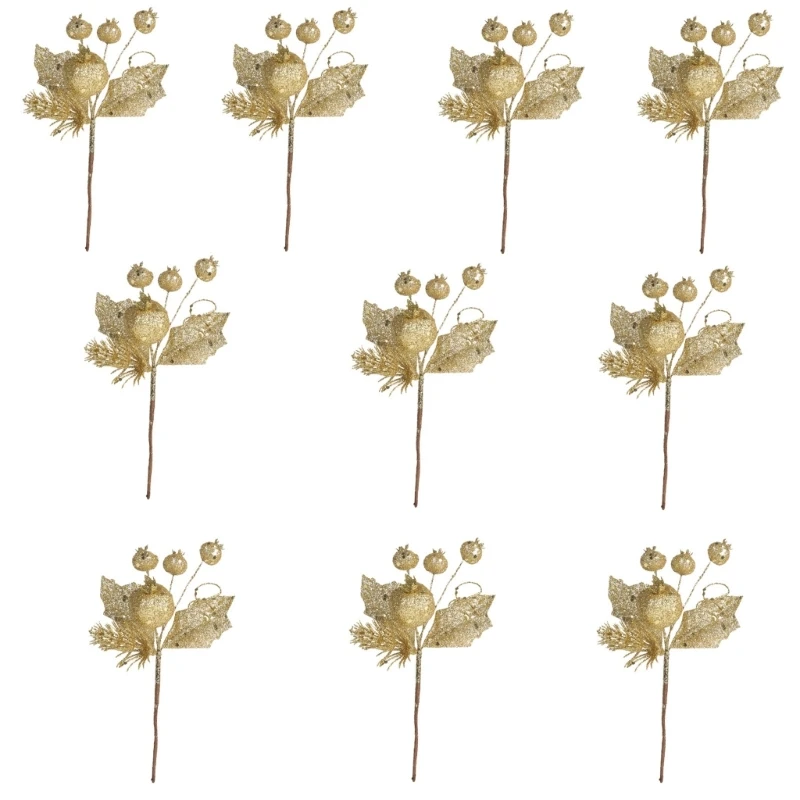 KX4B Paquete 10 decoraciones ramas con tallos bayas navideñas doradas y brillantes para jarrones árboles