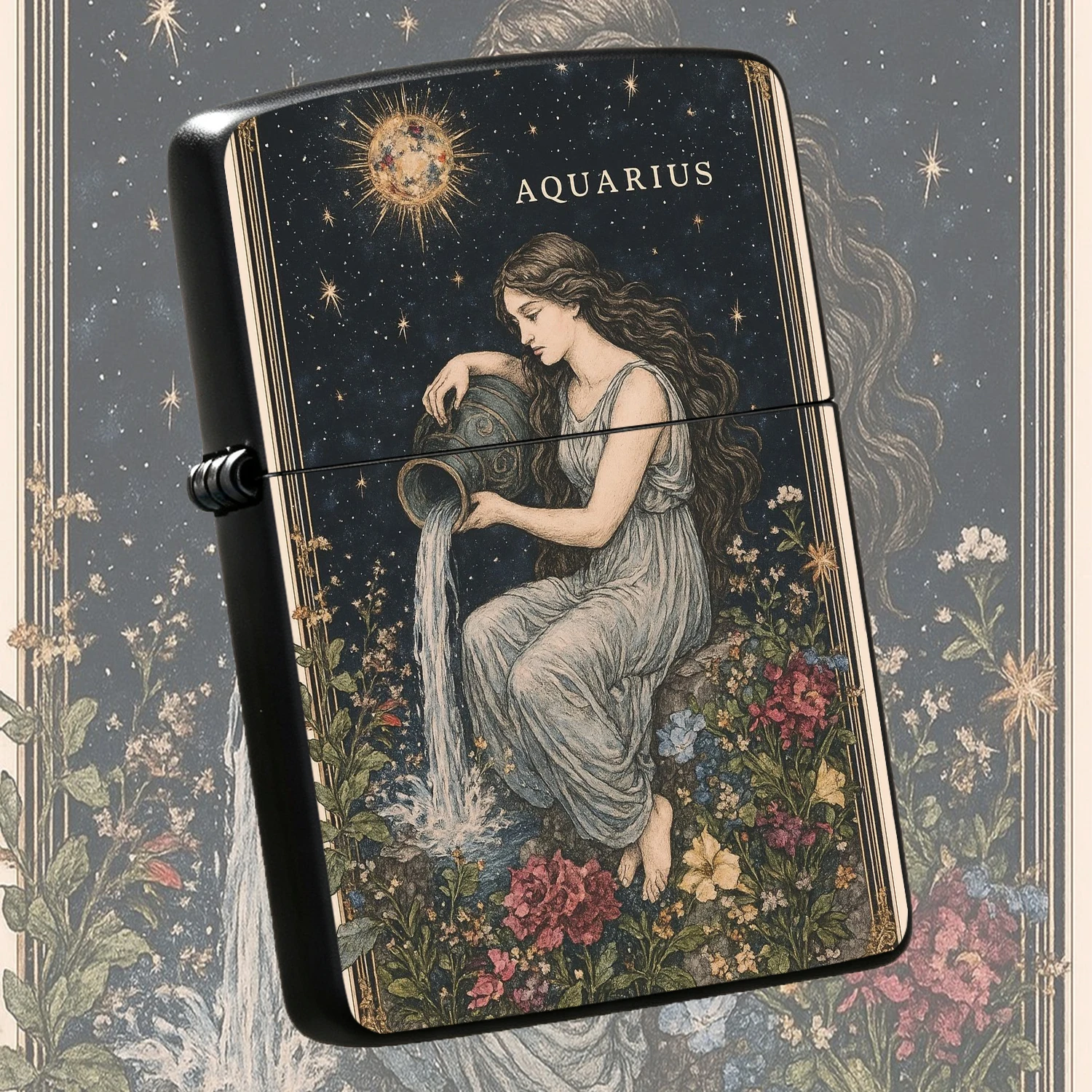 Vintage Astrology Aquarius Themed Portable Igniter, Exquisite Starry Night Flora Water Bearer Goddess Illustration Design, Versatile For All Daily Occasions, Chic Aesthetic Practical Present, Unique Vibe Personalized Trendy Delicate Carryar