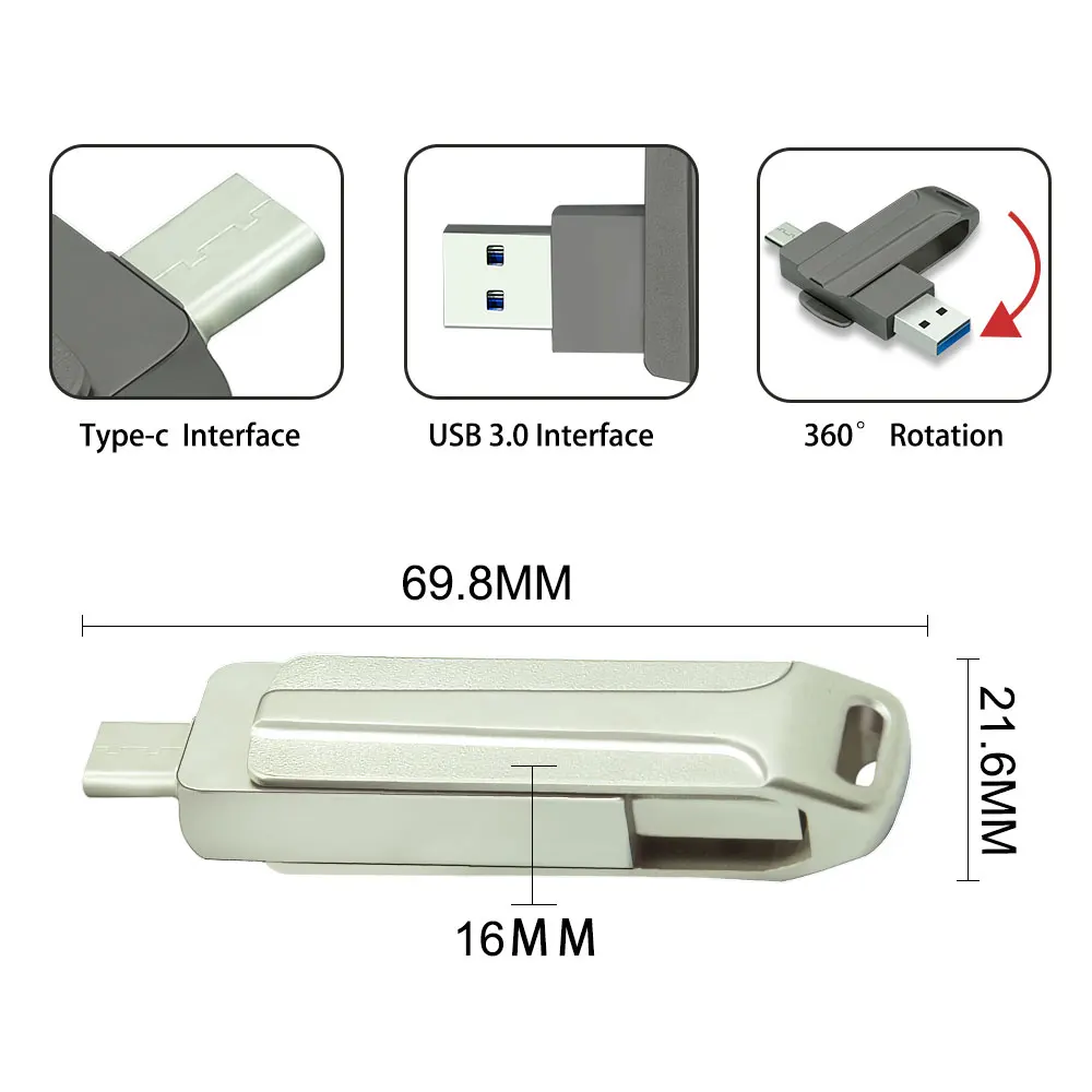 C타입 듀얼 포트 USB 플래시 드라이브, 금속 회전식 USB 3.0 펜 드라이브, 비즈니스 크리에이티브 선물, 플래시 디스크 메모리 스틱, 128GB, 64GB