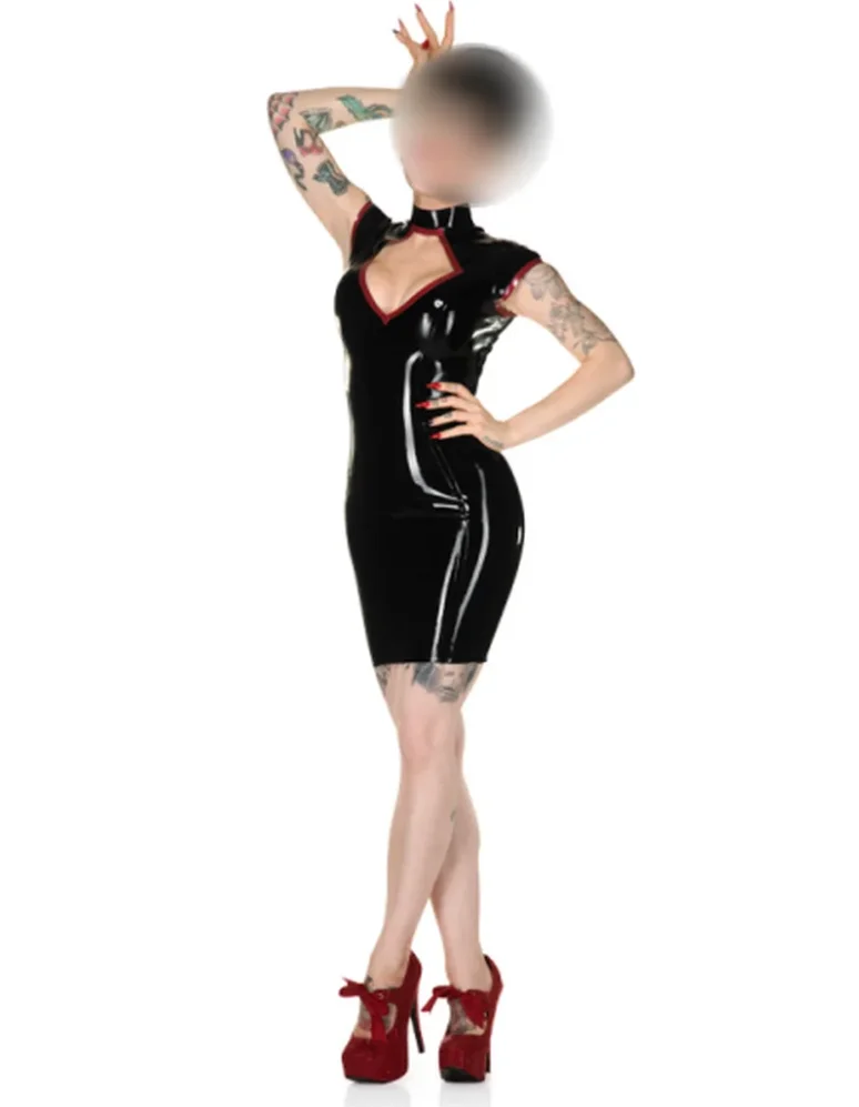 Handmade Black Latex Diamond Dress for Women Sexy Rubber Keyhole Design with Red Trims And Back Zipper Customizable Cosplay Wear view 4