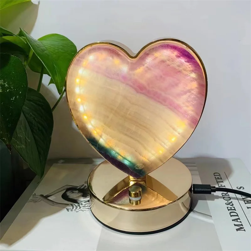 Natural Crystal Crafts Heart Shaped Light, Rainbow Fluorite Lamp, Home Furnishing