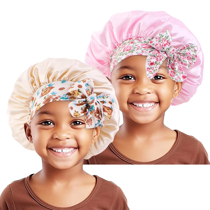 2PCS/LOT Elastic Kids Silky Satin Bonnet Cap Sleeping Hat Night Sleep Baotou Cap Cute Bow Hair Care Nightcap Bonnet Turban