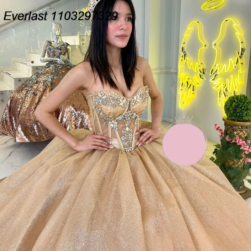 EVLAST-Vestido Glitter Champagne Quinceanera, Vestido de baile, Cristais Beading Applique, Espartilho Pura, Sweet 16, 15 Anos, TQD514