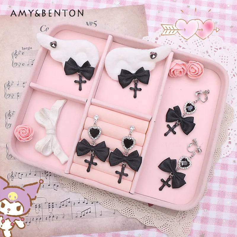 

Japanese Handmade Y2k Sub-Culture Sweet Cross Pendant Wings Barrettes Heart Shape Rhinestone Earrings Sweet Lolita Girl Earrings