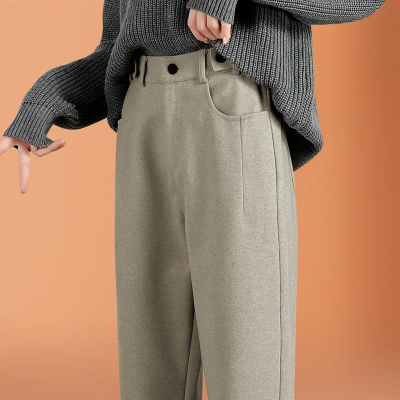 Lady Autumn And Winter 2023 New Korean Fashion High Waist Loose Casual Tweed Pants Grandma Harlan Women'S Trousers Female