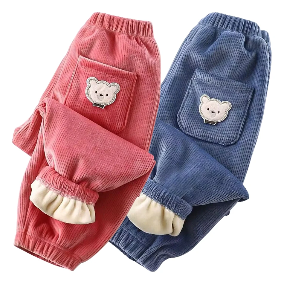 Casual Kids Corduroy Pants with Fleece Lining and Pocket Embroidery Unisex Children Warmth Bottoms for Autumn and Winter Season