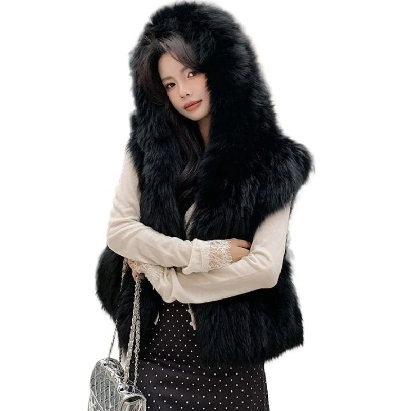 

2026 Thickened Vest Double-sided Fluffy Big White Bear Imitation Fox Hair Fashion Big Hat Vest Simple Fashionable Youthful Coat