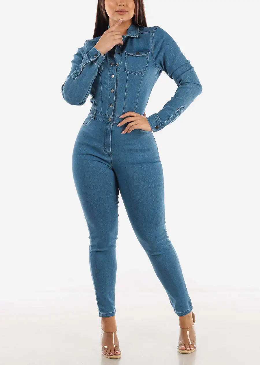 Denim Jumpsuits One Piece Pencil Sheath Jean Overalls Single Breasted Solid Skinny Washed Ankle Length Jeans High Street