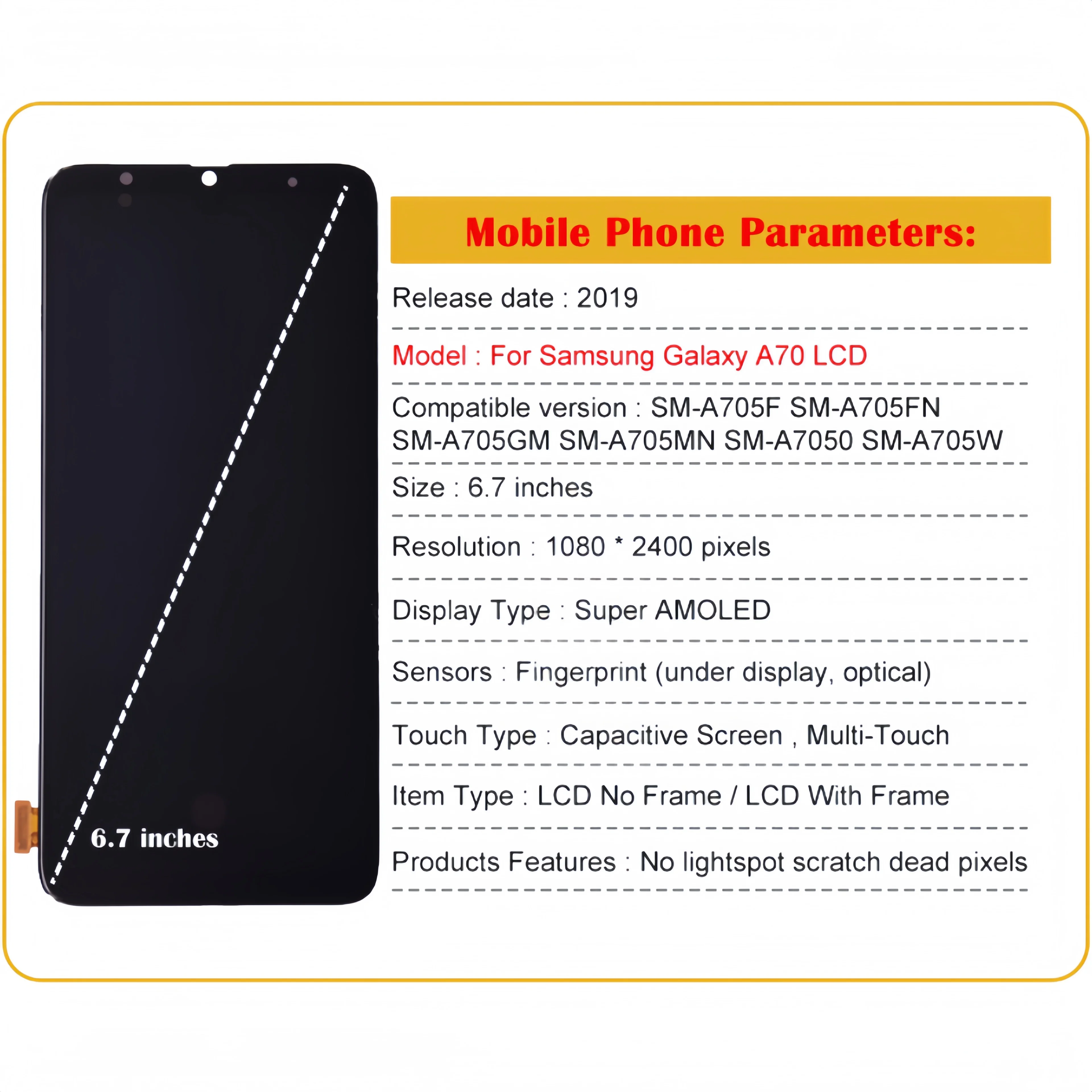 LCD Display Touch Screen Digitizer Assembly Replacement, Samsung Galaxy A70, A705, SM-A705F, A7050, A705W, A705X, A705U