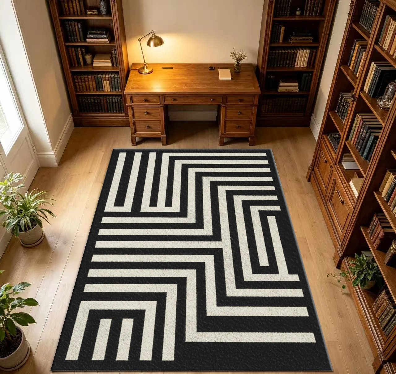 Black White Maze Geometric Pattern Area Rug Carpet Flooring Modern Stylish Floor Mat for Home Living Room Bedroom